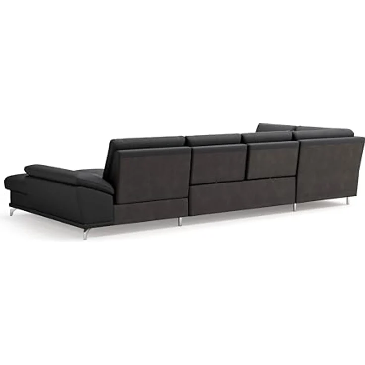 Cavadore Wohnlandschaft Castiel mit Federkern / Sofalandschaft mit großem Longchair, Sitztiefenverstellung, Kopfstützen und satinierten Metallfüßen / 363x89-104x223 / Echtleder, Schwarz – Bild 6