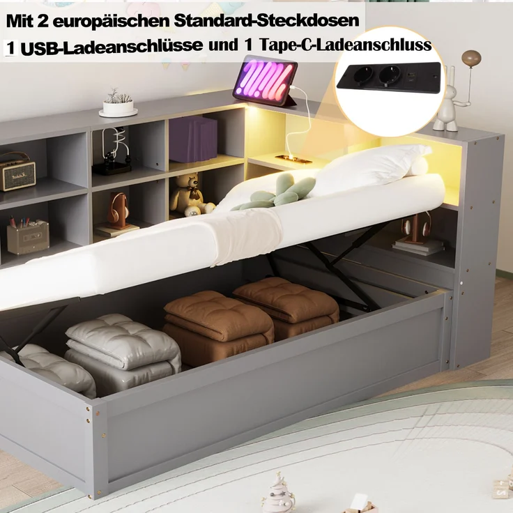 Bett 90x200 cm aus Massivholz mit Stauraum und LED-Beleuchtung – Bild 5