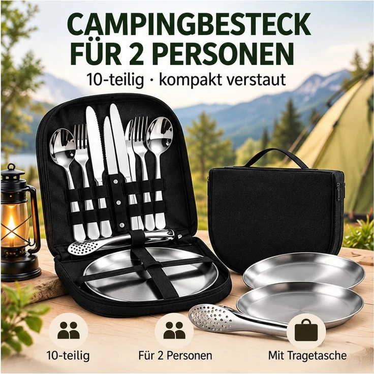 Toomoke Besteck-Set Campingbesteck für 2 Personen, Reisebesteck, Campinggeschirr, Edelstahl-Outdoorbesteck mit Tellern, Messer, Gabel, Löffel und Etui – Bild 2