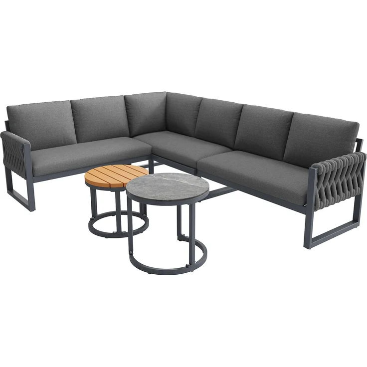 Gartenlounge-Set mit 2 Sesseln, Ecksofa und 2 Tischen, 233×178×86 cm, modular, Grau – Bild 5