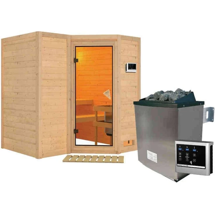 Karibu Sauna Sahib 1 + 9kW Saunaofen mit ext. Steuerung Easy Klarglas Ganzglastür – Bild 6