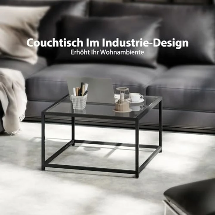 HOMCOM Beistelltisch Quadratisch Nachttisch mit Hartglas-Tischplatte, Couchtisch mit Beinen aus Stahl, Wohnzimmertisch Sofatisch Kaffeetisch für Wohnzimmer Schlafzimmer 68 x 68 x 39 cm Schwarz – Bild 4