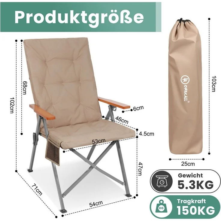 HOMECALL Campingstuhl Faltbar Hochlehner Luxus Klappstuhl mit 4,5cm Dicke Gepolstert (150kg Belastbar mit 3 Positionen Verstellbar Angelstuhl, 2 St), für Garten Balkon Wohnmobil – Bild 1