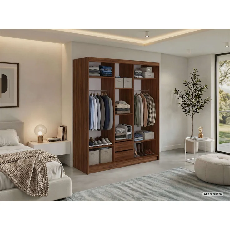 Schwebetürenschrank NAURU mit Lamellen-Optik, moderner Kleiderschrank, Breite 180 cm, inkl. Innenausstattung & Stauraum, Akustikpaneel-Design - Warmia-Nuss und Schwarz - mit Schubladen – Bild 3