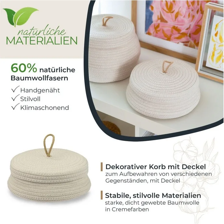 HMF Aufbewahrungskorb Aufbewahrungskorb Badezimmer rund, Korb mit Deckel, aus Baumwolle, Badezimmerkorb, Flach, 25,5 x 11,5 cm, Creme
