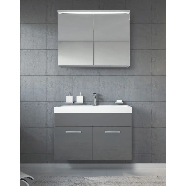 Badplaats Badmöbel Komplettset Paso 02 80 x 40 cm Weiß mit Grau Hochglanz - Badezimmermöbel mit Waschbecken und Spiegelschrank – Bild 2