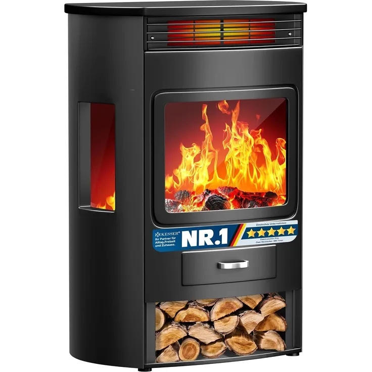 KESSER® Prio Elektrokamin mit Heizung Heizlüfter Fernbedienung WiFi App 950/1900 W Kamin elektrisch LED-Flammeneffekt Kaminfeuer Elektro Kamin mit Thermostat Panorama-Sichtfenster Heizfunktion Timer Schwarz, Xtra-Large