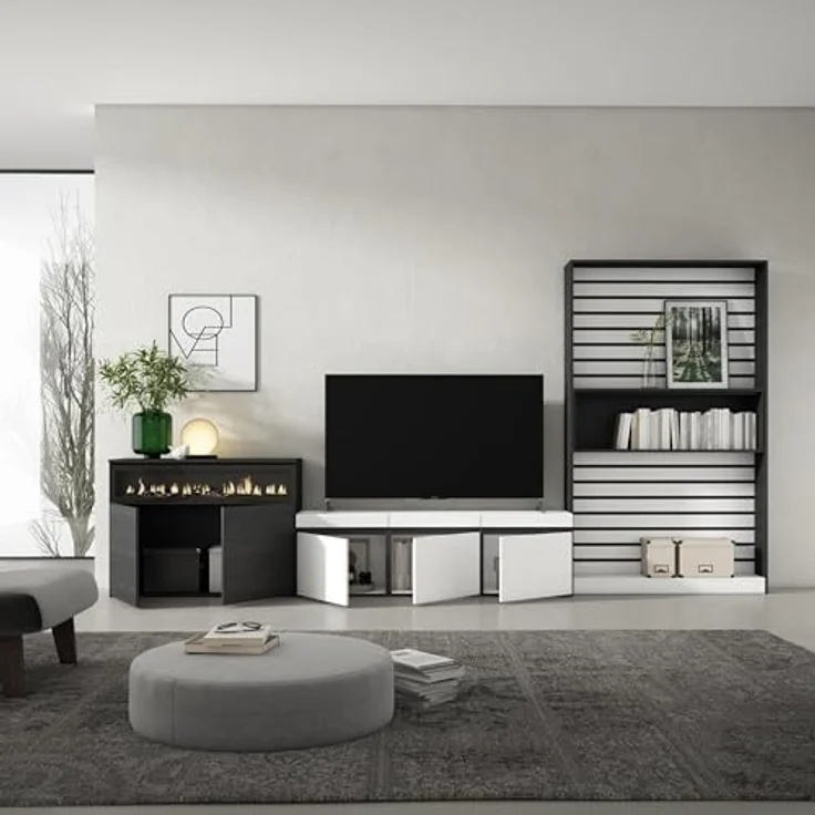Skraut Home | Wohnwand Wohnzimmer | Wohnzimmermöbel, Möbelset | 360x186x35cm | Für TV-Geräte bis zu 65" | Elektrokamin. | Moderner Stil | Weiß und Schwarz – Bild 4