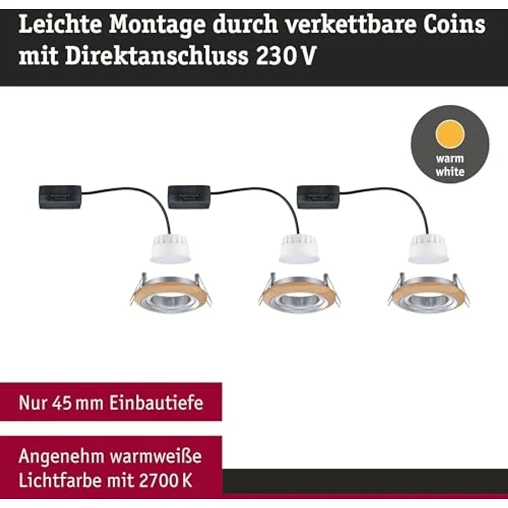 Paulmann 92239 LED Einbauleuchte Lanati 3er-Set schwenkbar 2700K Holzoptik Alu – Bild 4