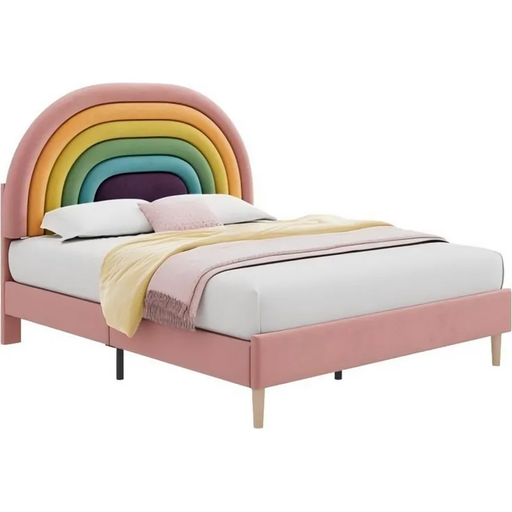 Odikalo Polsterbett Regenbogen Lattenrost verstellbar Kopfteil Samt Beige/Rosa 140/90x200