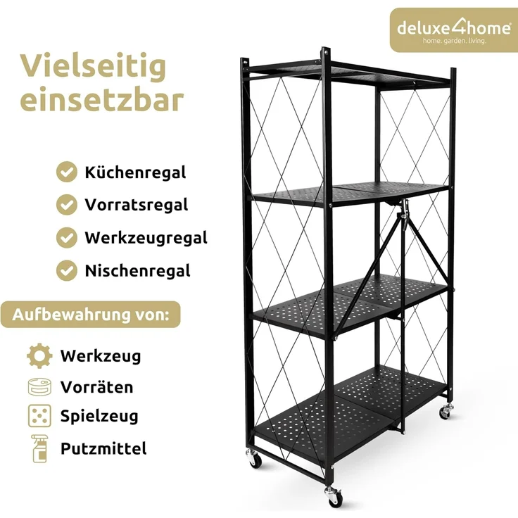deluxe4home Mehrzweckregal Klappregal rollbar in schwarz I Rollregal klappbar Küchenregal, Faltregal mit Rollen – Bild 4