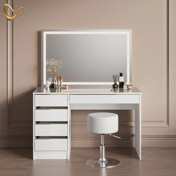 Livinity® Schminktisch Imola, Weiß/Gold/Gold, mit LED-Spiegel und Hocker (2-St) – Bild 1