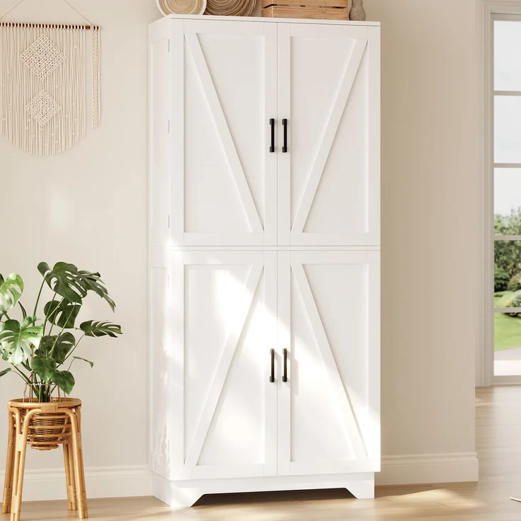 Küchenschrank, hoher Stauraumschrank mit 4 Scheunentor-Türen, Vorratsschrank mit Weinregal und Türregal, Aufbewahrungsschrank für Wohnzimmer und Esszimmer, 80 × 40× 180 cm – Bild 1