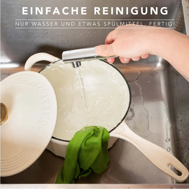 RÖMERTOPF Bratentopf Gusseisen Stielkasserolle 22cm Creme, Gusseisen (Set, 2-tlg, Set mit Deckel), Gleichmäßige Hitze, alle Herdarten, Backofenfest bis 250 °C – Bild 4