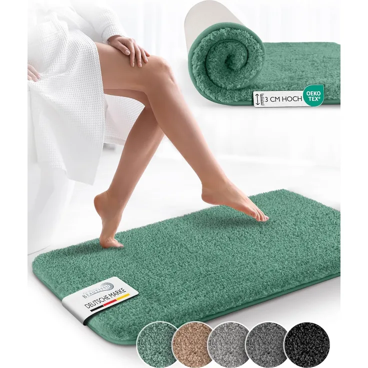 Beautissu Badematte rutschfest 120x70 cm – Duschvorleger Hochflor Badteppich rutschfest Waschbar Shaggy Optik – Flauschig Badvorleger Badezimmerteppich Groß – Badematte Mintgrün BeauMare FL