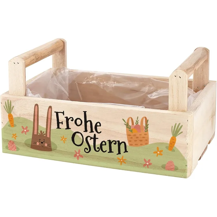 Herz & Heim Geschenkbox zu Ostern - Pflanzkorb aus Holz als Osterkorb für Ostergeschenke, 2 Griffe, mit Folie ausgekleidet