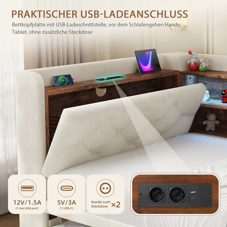 ZUBALIYA Tagesbett, mit Stauraum, mit LED-Beleuchtung, mit USB-C-Anschluss, inklusive Lattenrost, mit Schlaffunktion, Liegefläche 90 × 190 cm, H 84 × T 211 × B 181 cm, Beige, Samt – Bild 7