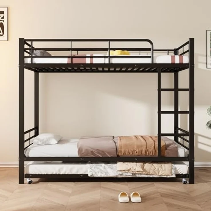 Ball & Cast Hochbett (90x200cm&90x190cm) Metall Kinderbett mit Absturzsicherung und Treppe, Etagenbett mit Ausziehbett für 3 Kinder, Schwarz – Bild 4