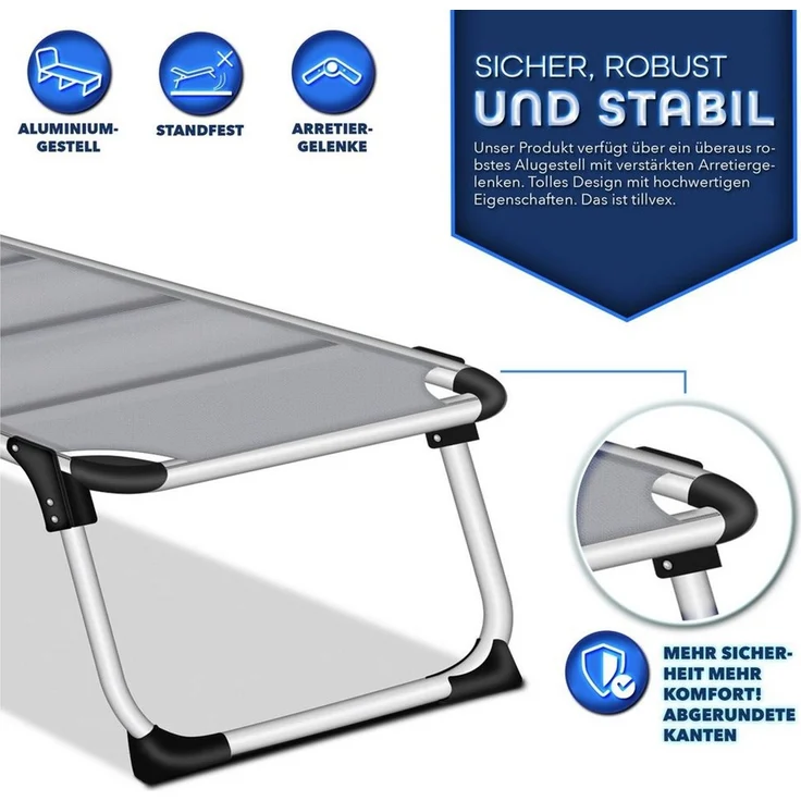 tillvex® Sonnenliege mit Dach und Kopfkissen Grau - Premium Polsterung | Gartenliege Liegestuhl klappbar | Strandliege mit verstellbarer Rückenlehne, gepolsterte Liegefläche | Aluminium Liege – Bild 2