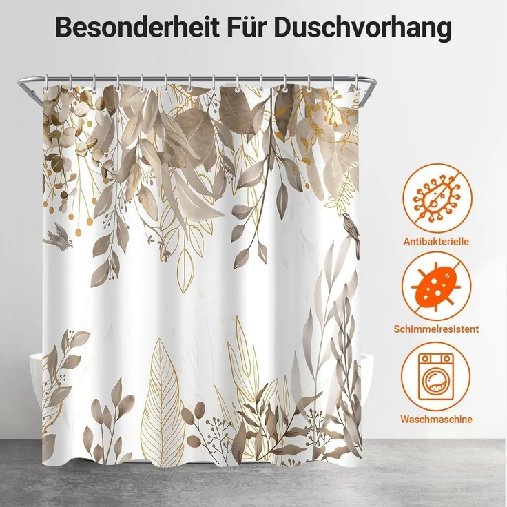 Duschvorhang 180x200cm Grau Herbstblätter Wasserabweisend Polyester Ösen 12 – Bild 7