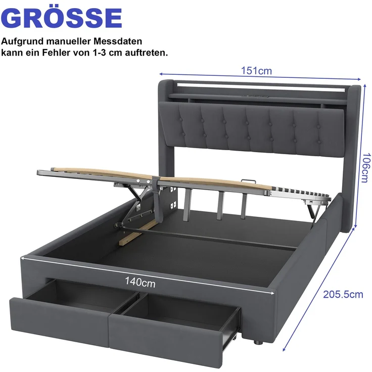 Polsterbett 140 x 190 cm, Samt, mit Bettkasten, Schubladen, USB-Anschluss und LED-Beleuchtung, Dunkelgrau – Bild 6