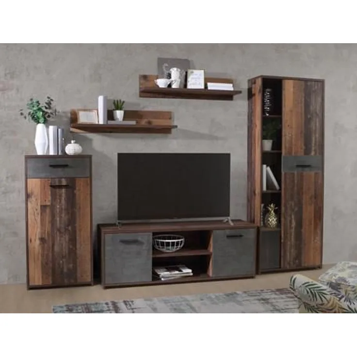 Wohnwand >Papagena< in Vintage / Beton - 277,4x182,9x39,5cm (BxHxT)