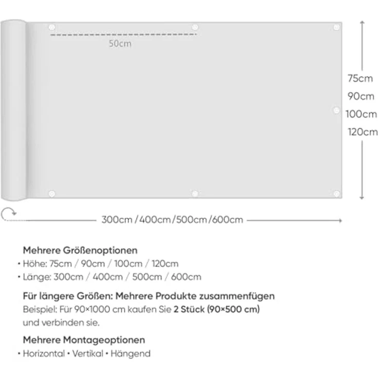 Sekey Balkon Sichtschutz Balkonabdeckung Balkonverkleidung blickdichte Wind- und UV-Schutz, 100% Privatsphäre, mit Ösen, Nylon Kabelbinder und Kordel, Taupe 0. 75×4m – Bild 7