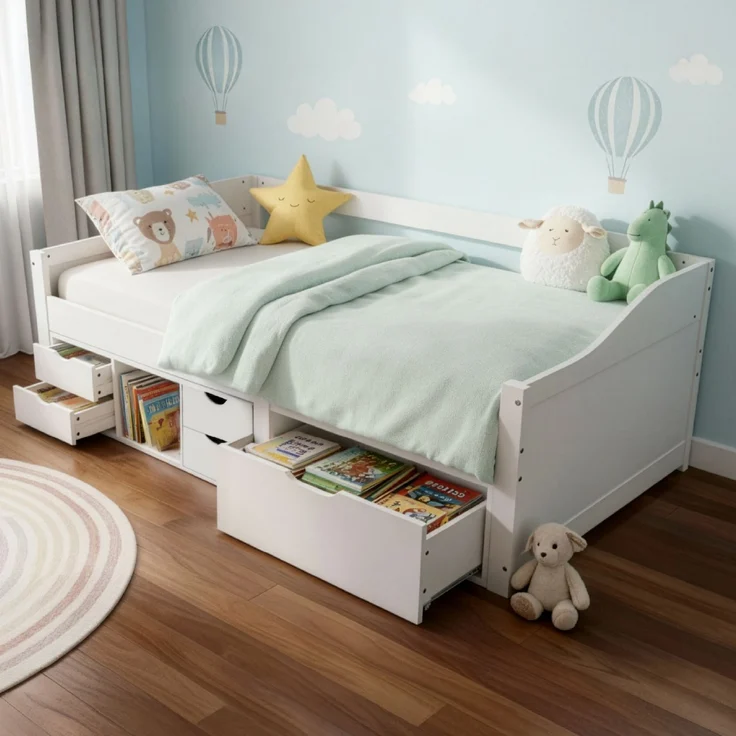 Juskys 'Nalu' Funktionsbett - mit Lattenrost & Schubladen - für Kinder - Gästebett - Holz Weiß – Bild 1