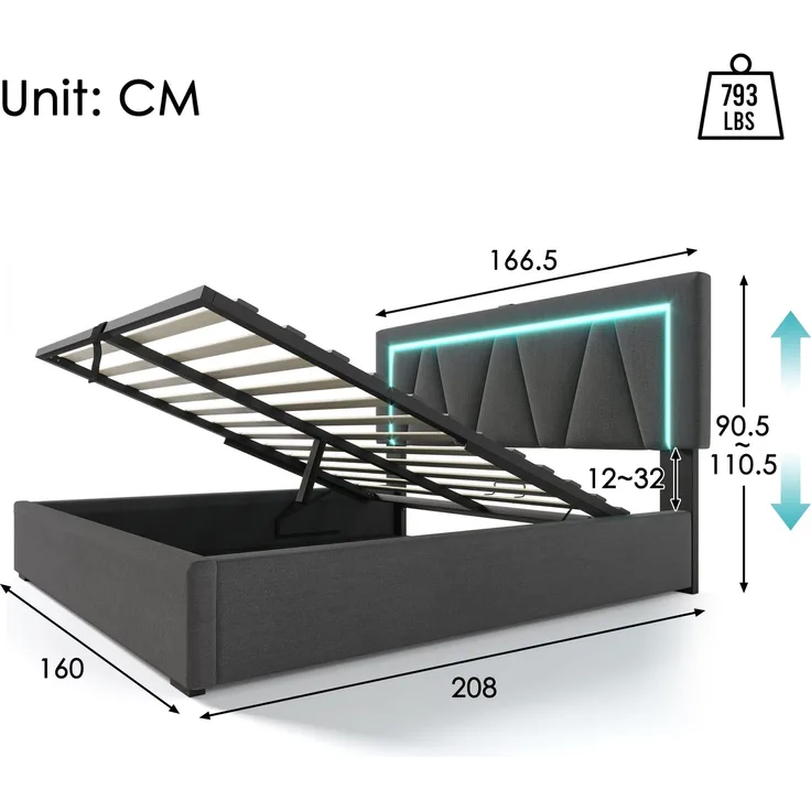 Wohnora-Polsterbett LED Doppelbett mit USB Typ C Ladefunktion und LED-Beleuchtung,Stauraumbetten Bettgestell aus Leinenmaterial Jugendbett 160x200 mit lattenrost(Mit Matratze),Grau