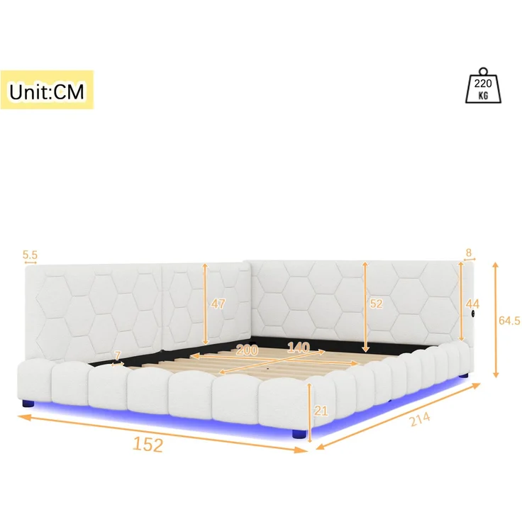CHICFURN Daybett aus Vliesimitat, Weiß, 140x200 cm, mit LED-Umgebungslicht, USB- und Type-C-Anschluss – Bild 10