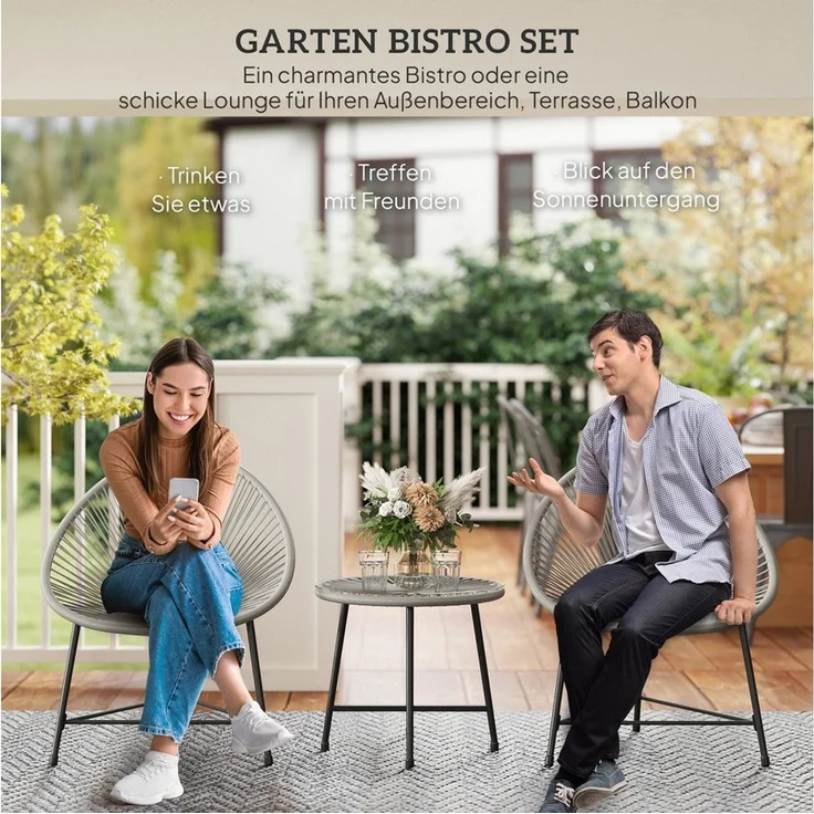 Outsunny Sitzgruppe mit 2 Stühle, Tisch, (Balkonmöbel, 3-tlg, Gartenmöbel Set), für Garten, Terrasse Balkon, Grau – Bild 3