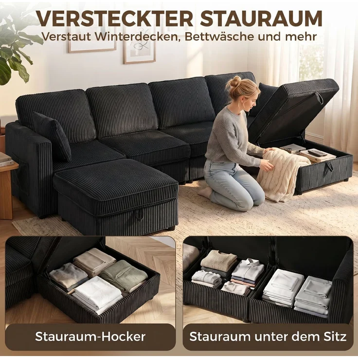 HOMCOM Ecksofa, Cord, Dunkelgrau, 306 x 153 x 85 cm – Bild 6