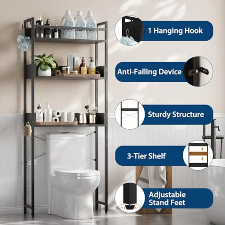 GarveeLife Edelstahl Badezimmerregal 3-Stöckiges Toilettenregal Badezimmer Mit Ablage Regal über Die Toilette Badregal Eisen, Haken – Bild 3