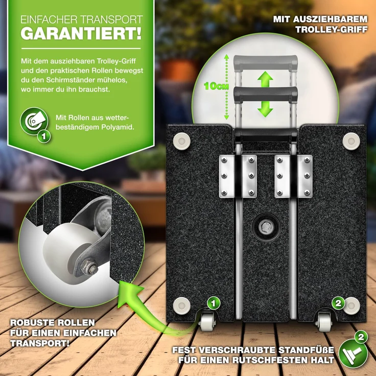 tillvex® Granit Sonnenschirmständer mit Rollen & Transportgriff Anthrazit - 27 kg Eckig mit Trolley-Griff | Schirmständer Sonnenschirm mit Edelstahlrohr | Balkonschirmständer für Schirmstöcke 16-48 mm & 250 cm Schirmdurchmesser – Bild 4