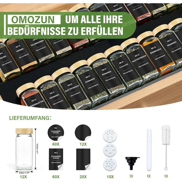 BBWL Pfefferstreuer Gewürzgläser Set eckig 120 ml mit Zubehör, 12er, 24er oder 36er Set, (12-tlg), luftdichte Gewürzdosen aus Glas mit Etiketten für Schubladen&Organizer – Bild 2