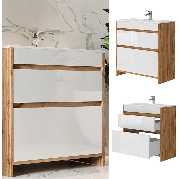 Waschbeckenunterschrank Detmold Goldkraft Eiche 2 Teile, Unterschrank 80 cm Vicco – Bild 2