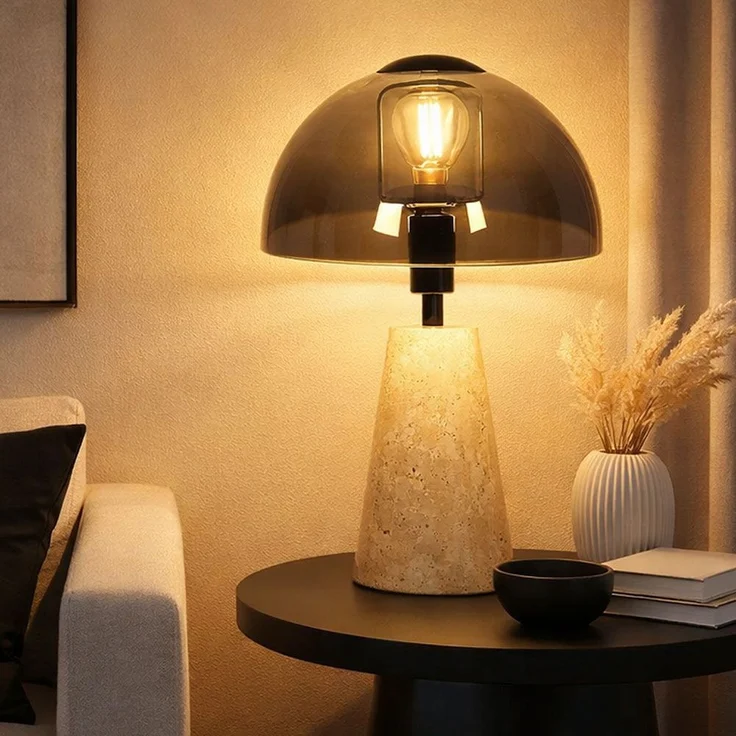 Tischleuchte, Travertine Stein, Glas rauchfarben, H 31 cm – Bild 6