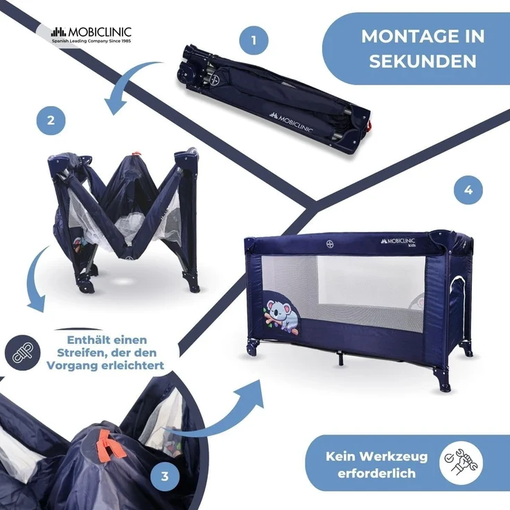 Mobiclinic®, Reisebett, Tragetasche, 2 in 1, Ultrakompakt faltbar, Herausnehmbare matratze, Mofli, Bis zu 15kg, Atmungsaktives gewebe, Seiteneingang mit reißverschluss, Baby laufstall (dunkelblau) – Bild 6