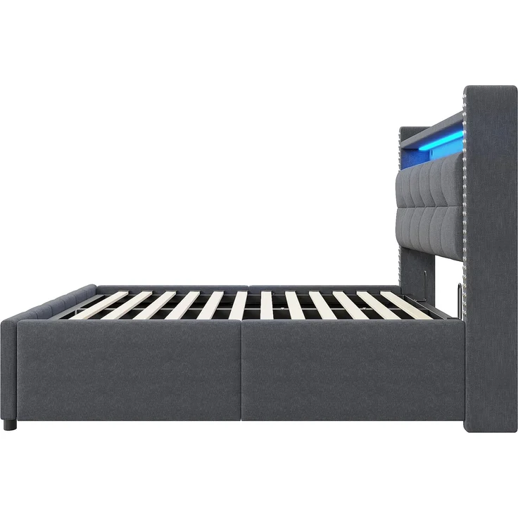 Polsterbett 140×200 cm mit Bettkasten, LED-Beleuchtung und USB-Anschluss, Grau – Bild 9