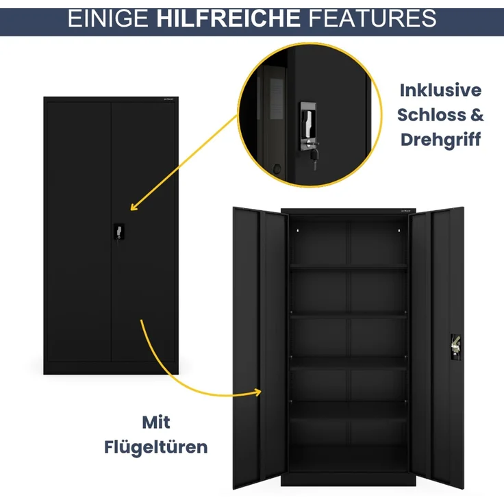 Aktenschrank abschließbar KADO - 5 Ebenen verstellbar, Flügeltüren | Metallschrank Werkstatt Mehrzweckschrank Büroschrank aus Stahl Werkzeugschrank, 185 x 90 x 60 cm Schwarz – Bild 5