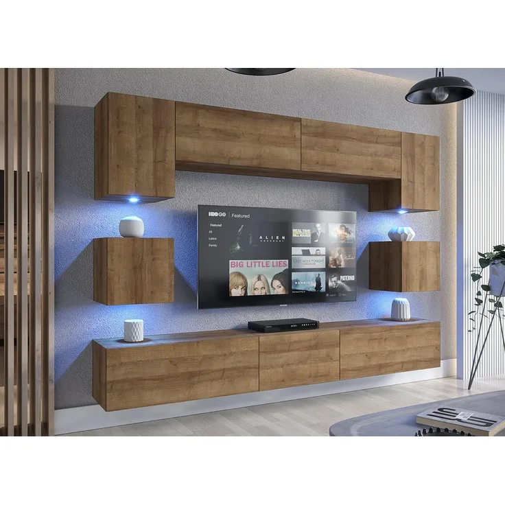 Furnitech Modernes TV Möbel mit LED Beleuchtung Schrank Wohnschrank Wohnzimmer Schrankwand Wohnwand Mediawand Nowara 1C (LED weiß, AN1-17DZ-M4 1C)