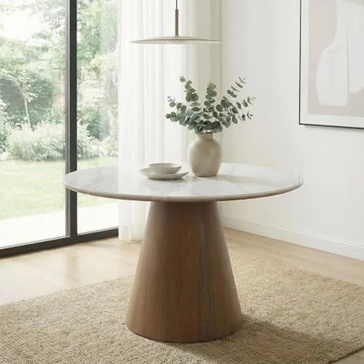 Esstisch rund 120cm mit weißer Sinterstein Tischplatte in Marmor Optik - Esszimmertisch Küchentisch für 6 Personen modern - Design Tisch Metallgestell Walnuss-Optik Esszimmer Küche – Bild 2