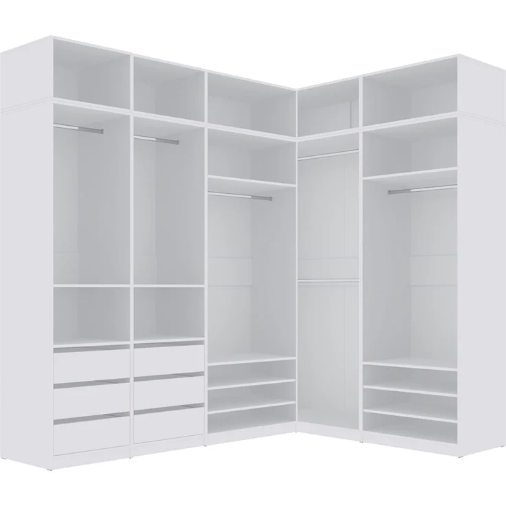 Marmex Möbel Tres Set-S/N (B) großer Eckkleiderschrank, Begehbarer Kleiderschrank offen mit Aufsatz, modularer Kleiderschrank mit Kleiderstangen, Einlegeböden für Kleidung, Schuhe, laminierte Spanplatte, weiß 271/160x246x51 cm – Bild 10