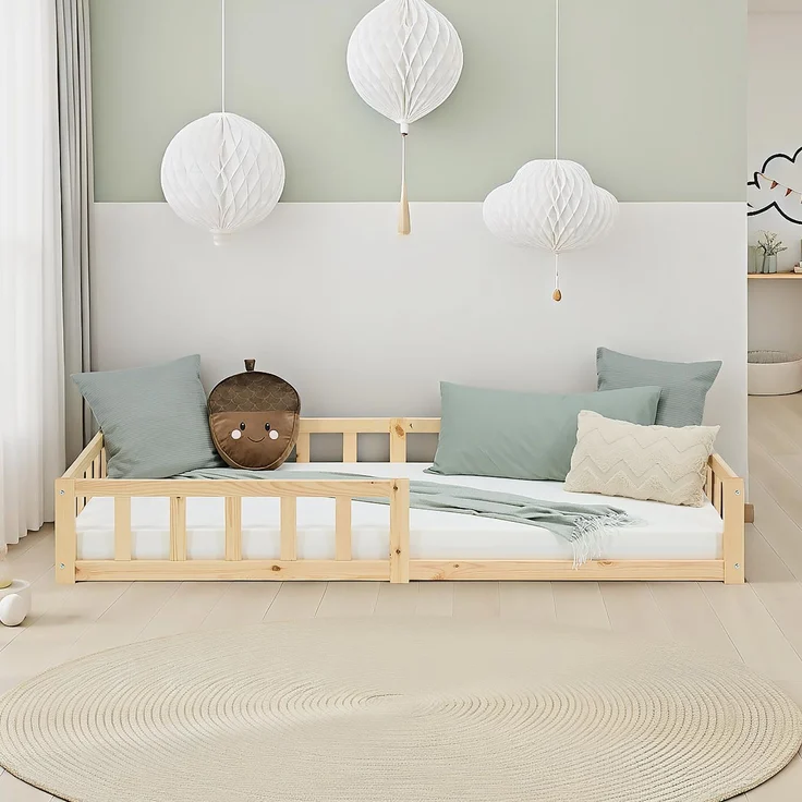 Kinderbett 90x200 Bodenbett mit Rausfallschutz Montessori Bett Kleinkindbett Holz Kiefer Natur Massiv Einzelbett Lattenrost Bettgestell – Bild 2