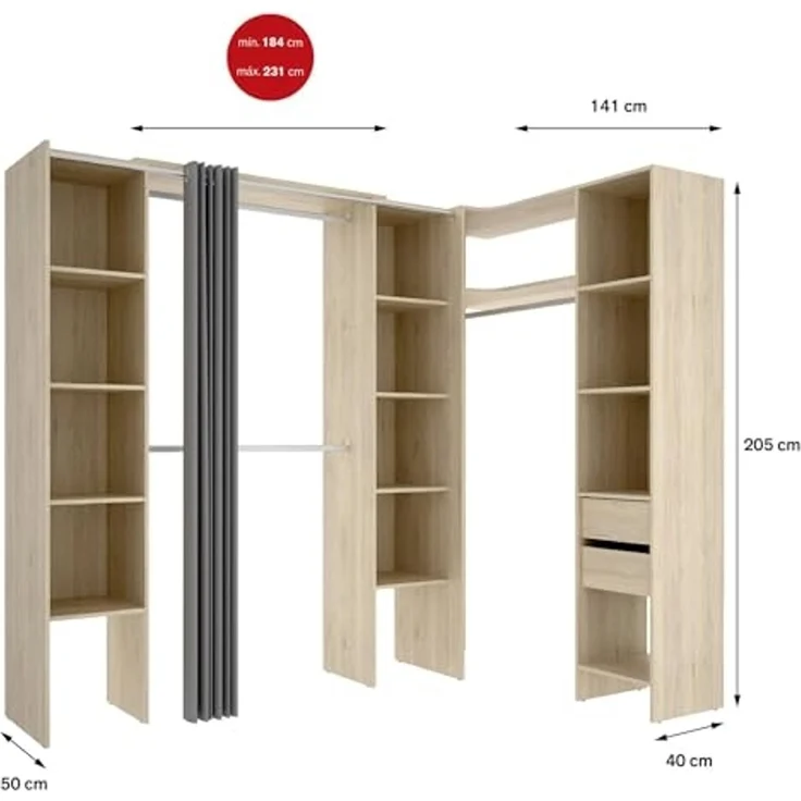 Dmora - Großer Kleiderschrank Bestone, Schlafzimmermöbel, Schrank, Garderobe, 234x141 h205 cm, Eiche – Bild 4