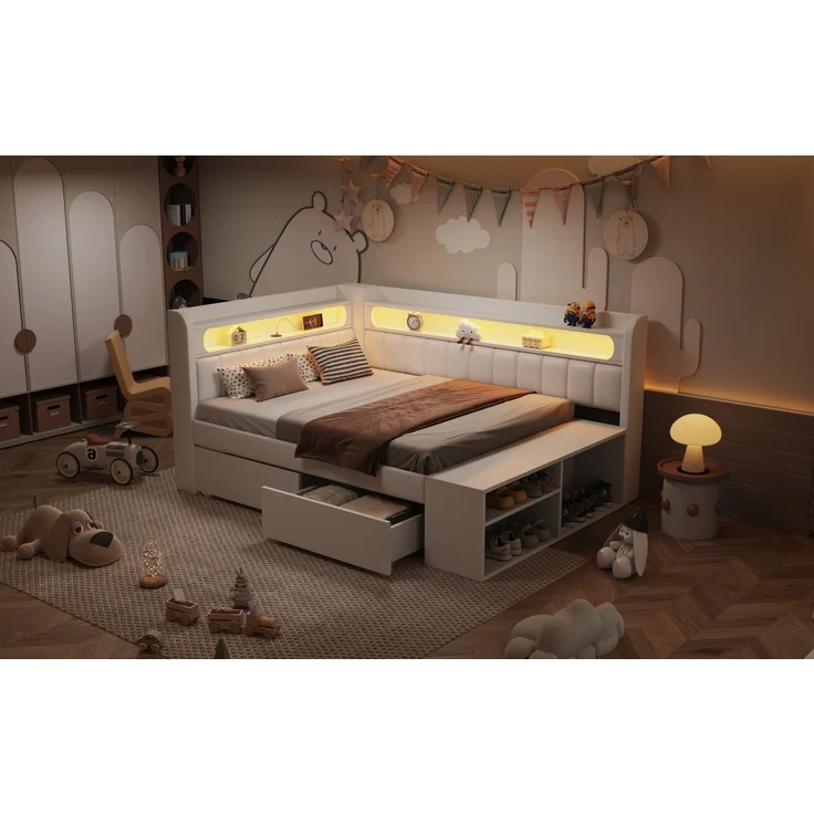 Merax Kinderbett, Einzelbett, Schlafsofa 90x200cm mit USB-Anschluss und LED-Lichtleiste, inklusive Schuhschrank und zwei Schubladen, weiß – Bild 6