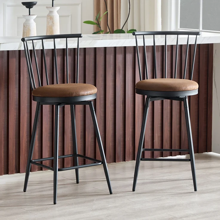 Moderner Metall-Barhocker im Windsor-Stil mit gepolstertem Sitz für Kücheninseln, Bars, Restaurants; Barhocker im Industrial-Stil in Barhöhe; Vintage- und Minimalismus-Stil--Braun--96x39x39cm--YOUDENOVA – Bild 2