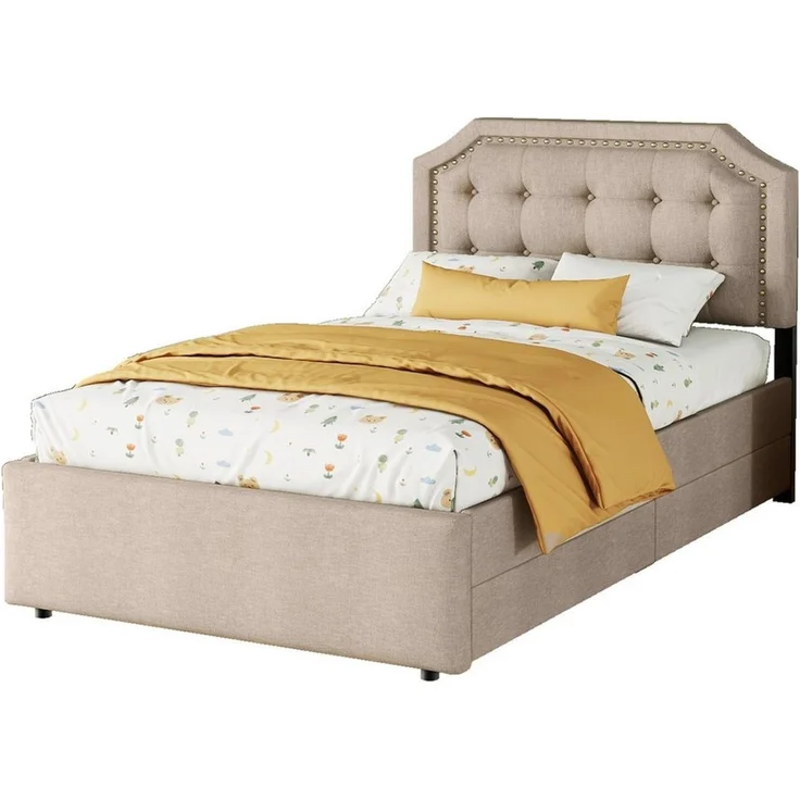 Flieks Polsterbett, Einzelbett 90x200 cm mit 2 Schubladen und höhenstellbarem Kopfteil – Bild 5