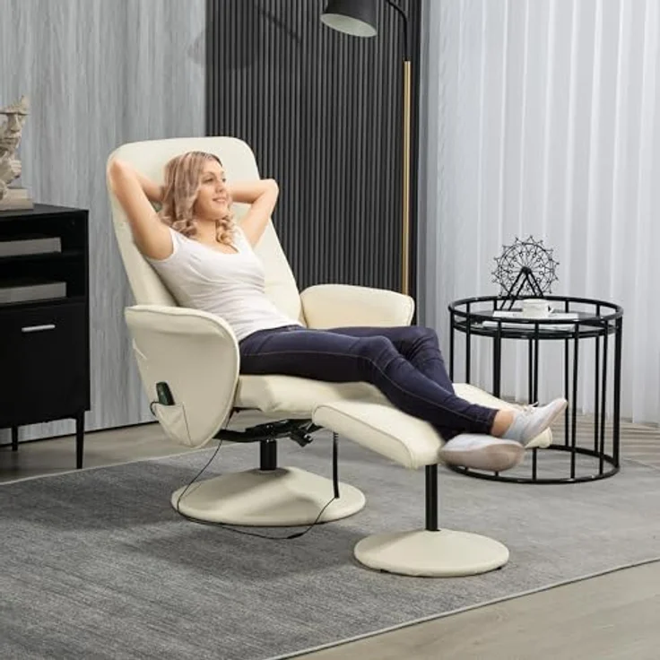 HOMCOM Massagesessel mit Fußhocker, Liegefunktion, 10 Massagepunkte (Relaxsessel, 2-St, Fernsehsessel), mit Seitentasche, Fernbedienung, Kunstleder, Cremeweiß – Bild 3