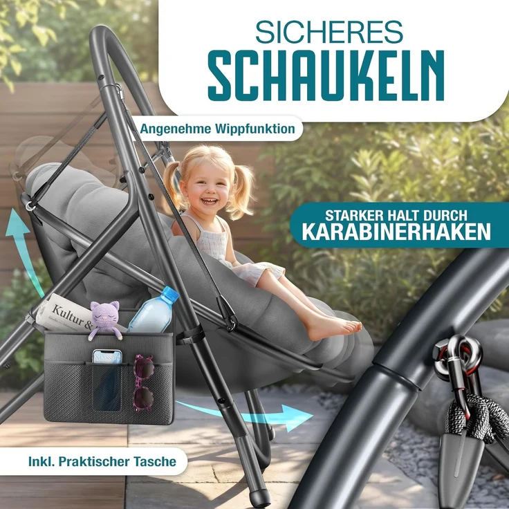 KESSER® Hängesessel mit Gestell BALI Hängeschaukel Hängestuhl bis 150kg für Indoor und Outdoor + Kissen & Seitentasche Hängekorb Stahlgestell & Schaumstoff Sitzpolster ideal für Wohnzimmer & Garten Grau – Bild 5